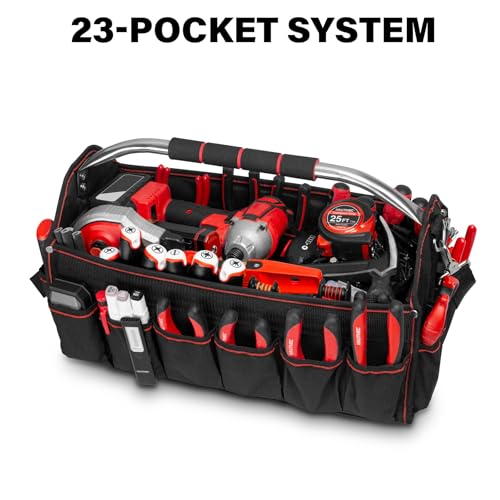 HAUTMEC 18" Foldable Tool Tote, Open Top Tool Bag with Removable Divider & Stiff Frame, 23-Pockets Electrician Tool Bag with Padded Steel Handle, Shoulder Strap & Water-Resistant Hard Base – HT0020 - size: 18-Inch, style: Foldable