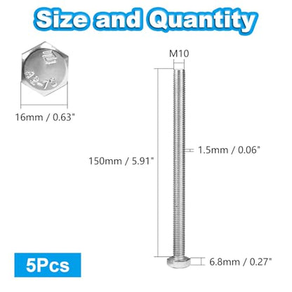 5 Pcs M10 Hex Bolts M10-1.5 x 150mm Hex Head Screw Bolt - size: M10-1.5 x 150mm
