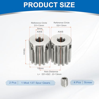 uxcell 2Pcs 1 Mod 13T Spur Gear 5mm Bore, 304 Stainless Steel Pinion Gear - size: 1 Mod 13T, 5mm