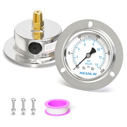 MEANLIN MEASURE 0~200Psi Liquid Filled Pressure Gauge Front Flange Panel Mount, 1/4" NPT 2.5" FACE DIAL Stainless Steel Case with Phillips Screw and Nut, +/-3-2-3% - size: 0-200Psi