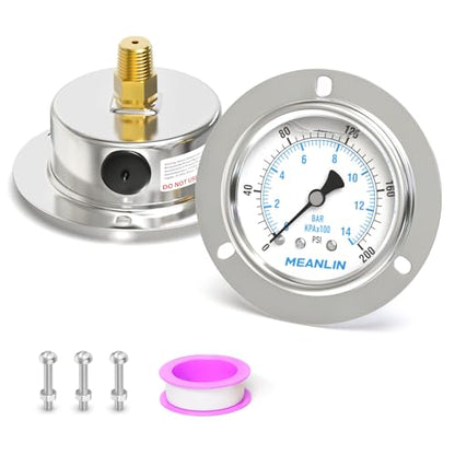 MEANLIN MEASURE 0~200Psi Liquid Filled Pressure Gauge Front Flange Panel Mount, 1/4" NPT 2.5" FACE DIAL Stainless Steel Case with Phillips Screw and Nut, +/-3-2-3% - size: 0-200Psi