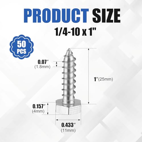 Zonon 50 Pcs 1/4" X 1" 304 Stainless Steel Lag Screw for Wood, Silver - color: Silver, size: 1/4" X 1"