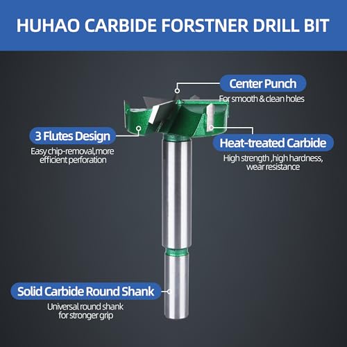 HUHAO 1-21/32" | 42mm Triple Flute Forstner Drill Bit, Tungsten Carbide Upgraded Drilling Hole Saw Woodworking Hinge Cutter Tool Kits for Wood,Plywood,Plastic,MDF - size: 42 mm