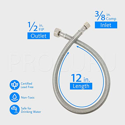 [2-Pack] PROCURU 12-Inch (1Ft) x 3/8" Comp x 1/2" FIP Faucet Hose Connector, Stainless Steel Braided Supply Line, Certified Safe (9SF12-2P) - size: 12 Inch