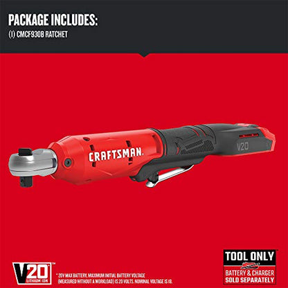 CRAFTSMAN V20 Cordless Ratchet Wrench, 3/8 inch Drive, 300 RPM, up to 35 ft-lbs of Torque, Bare Tool Only (CMCF930B) - style: V20 3/8 Inch Drive Ratchet