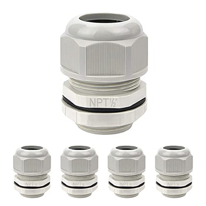 LeMotech 5 Pack NPT 1/2" Cable Glands Waterproof Adjustable 6-12mm Cable Connectors Grey Nylon Joints with Gaskets - color: Grey, size: 1/2inch 5-pack