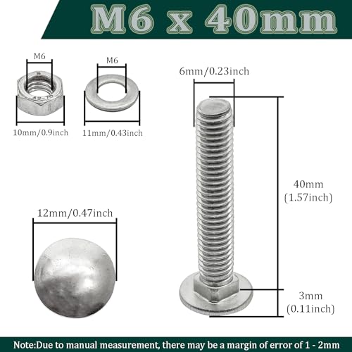 M6 x 40mm Carriage Bolts Kit,304 Stainless Steel Round Head Square Neck Carriage Bolts with Hex Nuts and Flat Washers,Full Thread,Silver(10Sets) - size: M6 x 40mm