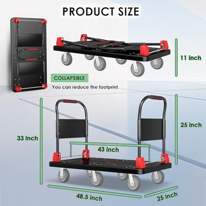 2200 lb 6-Wheel Heavy Duty Platform Truck with Foldable Dual Handrails - color: Black-50" Lx27 W