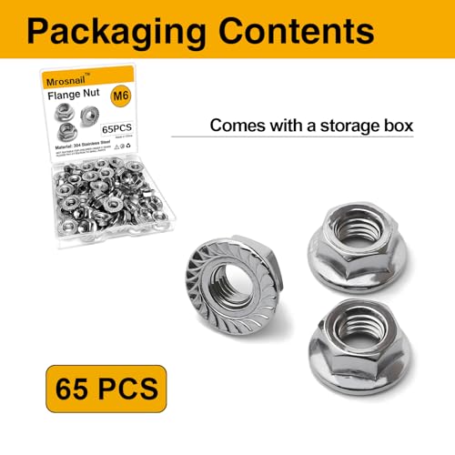 65PCS M6 Serrated Flange Nuts, 304 Stainless Steel Hex Nuts - size: M6-65PCS