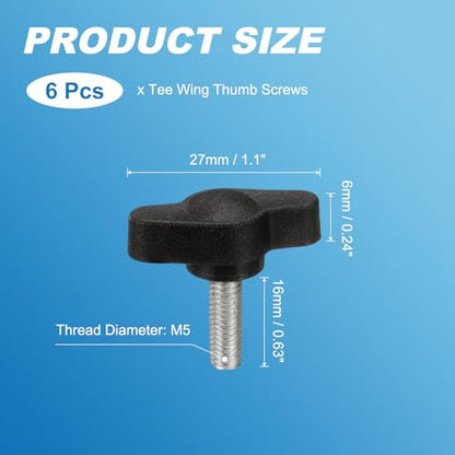 PATIKIL M5 x 16mm Tee Wing Thumb Screws, 6Pcs Carbon Steel Mechanical Handle Bolt Thumb Screws for Remove Replace Hand Clamping Tightening Knobs Power Supply, Black - size: M5 x 16mm
