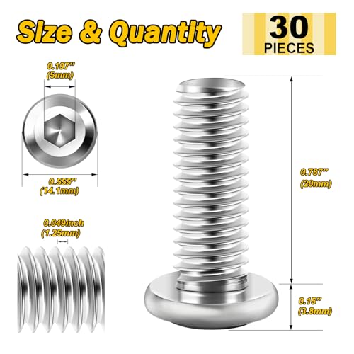 Mywish 30Pcs M8 x 20mm Flat Head Hex Socket Cap Screws, M8x1.25 Bolt, 304 Stainless Steel Furniture Screws, Full Thread, Bright Finish & Hex Spanner - color: Silver-M8, size: 20mm