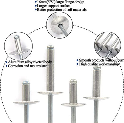 60 Pcs Large Flange Blind Rivets, Aluminum,Flange Diameter 5/8" (16 mm),Pop Rivets Assortment Kit Blind Rivet(3/16" x 1/2"/5/8"/3/4")