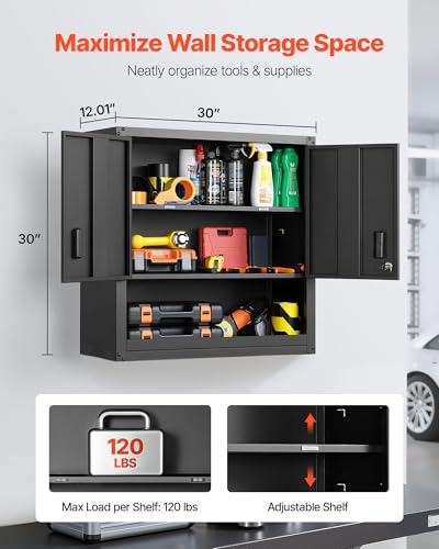 VEVOR Metal Wall Cabinet, 30W x 12.01D x 30H Inch, Steel Floating Hanging Storage Cabinet with Locking Doors and Adjustable Shelf for Garage, Basement, Kitchen, Warehouse Assembly Required, Black - size: Foldable 30" Open Grid