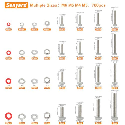 780pcs Hex Bolts and Nuts kit, 304 Stainless Steel M6 M5 M4 M3 Metric Bolt Assortment (Lock & Flat Washers), Stainless Steel Bolts and Nuts kit, Metric Screw Assortment - size: M6 M5 M4 M3