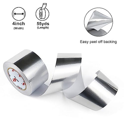 BOMEI PACK Aluminum Foil Tape,Heavy Duty Metal Duct Tape,High Temperature Silver Tape,Perfect for Sealing & Patching,HVAC,Air Ducts,Insulation and Metal Repair (4 Inch) - size: 4 Inch x 55 Yards