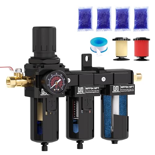 NEWPO 1/2" NPT 3 Stage Air Drying System,Air Dryer for Compressor with 5＆0.01 Micron Filter Cartridge，Desiccant Dryer & Air Regulator, Metal Bowl Semi-Auto Drain - size: 1/2'' NPT, style: 3 Stage(2Filter+1Dryer))