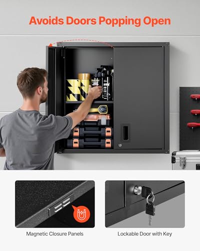 VEVOR Metal Wall Cabinet, 30W x 12.2D x 30H Inch, Steel Floating Hanging Storage Cabinet with Locking Doors and Adjustable Shelf for Garage, Basement, Kitchen, Warehouse Assembly Required, Black - size: Foldable 30" Without Open Grid
