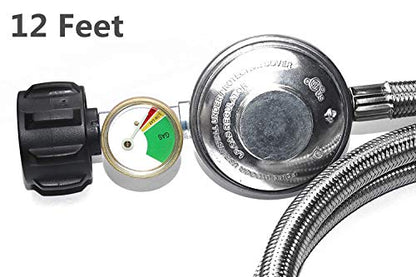 12 Feet Propane Regulator Hose with Tank Gauge for Gas Grill and Fire Pit - color: 12 Feet