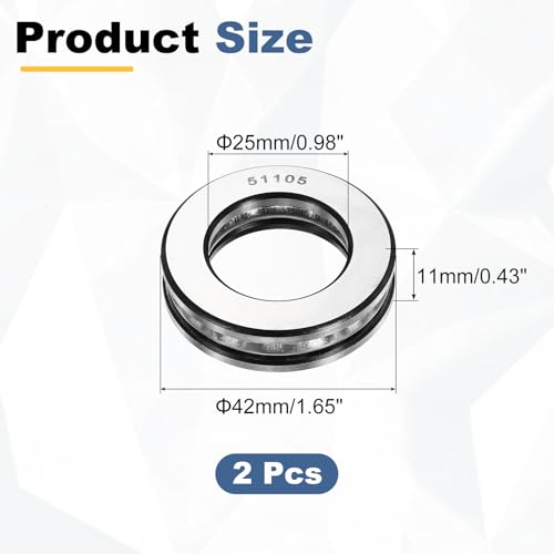uxcell 2Pcs Thrust Ball Bearings, 25mm Bore 42mm OD 11mm Thick 51105 ABEC5 - size: 51105 25mm x 42mm x 11mm