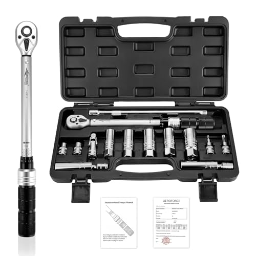 AEROFORCE 14PCS 3/8" Drive Spark Plug Socket Set – Includes 2 Magnetic Sockets (14mm, 16mm) & 5 Rubber-Grip Sockets + Torque Wrench (5-45 Lb.ft), Swivel Joint & Extension Bar – CR-V Steel - size: 14PCS