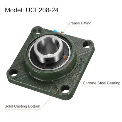 uxcell 2pcs UCF208-24 Pillow Block Bearings 1-1/2 inch Bore Self Alignment, Solid Cast Iron Base Square Flange Mounted Chrome Steel Bearings - size: UCF208-24