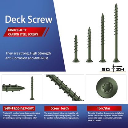 #9 x 2-1/2" Deck Screws (186Pcs) 2lb. Exterior Wood Screws. Carbon Steel, Green, Flat Head, Rust Resistant epoxy Coated, with T25 Star Bit - color: Green, size: #9 x 2-1/2"
