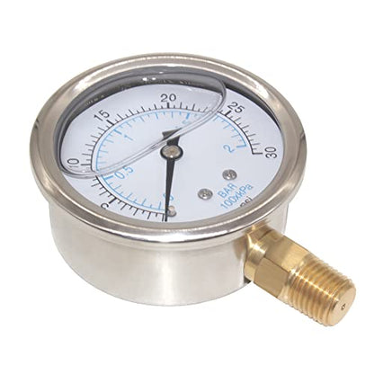 2-1/2" Dial 1/4" NPT 0~30Psi 304 Stainless Steel Glycerin Filled Pressure Gauge Bottom Mount - size: 0-30Psi (liquid filled), style: Lower Mount-1/4"NPT