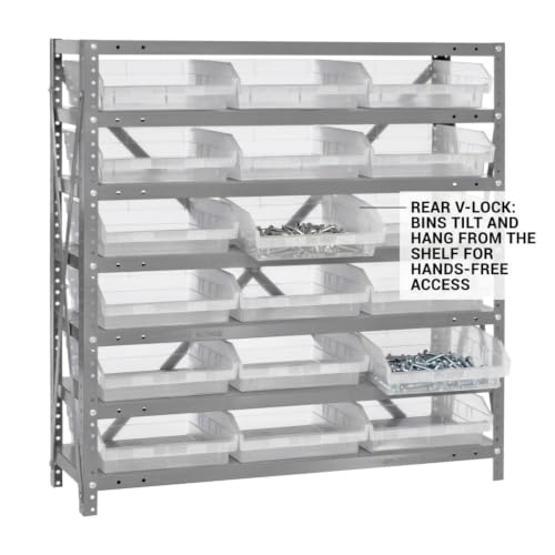 Quantum Storage Systems 1239-109CL Clear-View Sloped Shelving Unit with 4" Shelf Bins, 18 QSB109 Shelf Units, 12" D x 36" W x 39" H - size: 39" H x 36" W x 12" D, style: 12" L x 12" W x 4" H 18 Economy Clear Bins