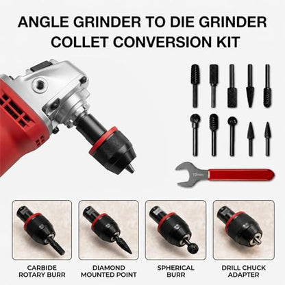 5/8-11 Angle Grinder Keyless Self-Locking Ratchet Drill Chuck, 1/16"-3/8" Clamp Range, 5/8"-11 to 1/2"-20 Arbor Adapter & 10 Pcs Rotary Burrs for Drilling, Grinding, Polishing, Wood & Metal Work