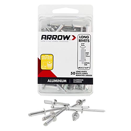 Arrow RLA3/16IP Long Aluminum 3/16-Inch Pop Rivets for Metal, Fabric, Leather, and Auto Repair, 50-Pack - size: 3/16 in. x 1/2 in.
