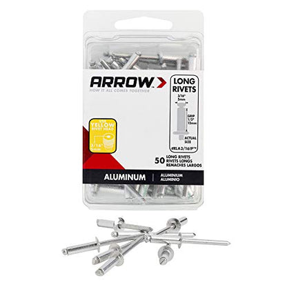 Arrow RLA3/16IP Long Aluminum 3/16-Inch Pop Rivets for Metal, Fabric, Leather, and Auto Repair, 50-Pack - size: 3/16 in. x 1/2 in.