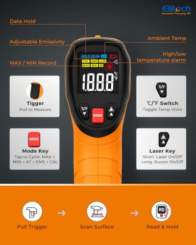 Elitech DIT‑520 Laser Temperature Gun 1652°F, 900°C Infraed Thermometer - color: -50 to 900°C