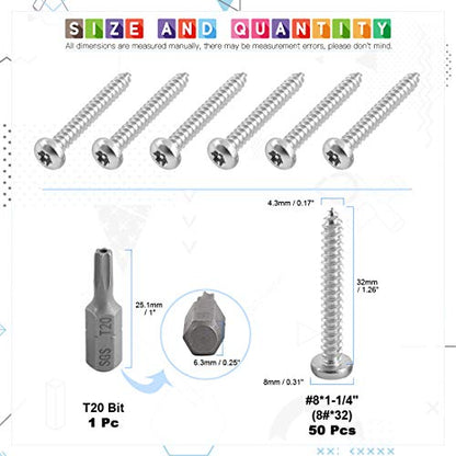 Glarks 51Pcs #8 x 1-1/4'' Button Head Torx Security Sheet Metal Screws Stainless Steel Tamper Resistant Screws Set with T20 Bit (50pcs #8 x 1-1/4'') - size: 50pcs #8 x 1-1/4''