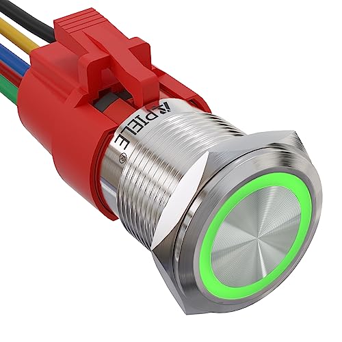 APIELE 19mm Latching Push Button Switch 12V DC Angel Eye Halo Ring LED Metal 0.74" 1NO1NC SPDT with Wire Socket Plug (Green) - color: Silver Shell-Green, size: Silver Shell