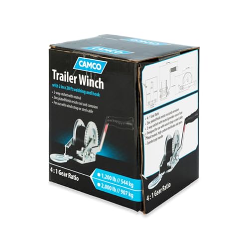 Camco 2000lb Boat Trailer Winch - Manual Hand Crank Boat Winch Features 20-Foot Strap & 2-Way Ratchet - 2,000lb Weight Capacity - Boat Trailer Accessories (50000) - size: 2,000 lb. Capacity