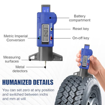 Digital Tire Tread Depth Gauge, Portable 0.01mm Resolution, Blue - color: Blue