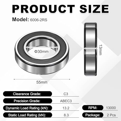 uxcell 2Pcs 6006-2RS Deep Groove Ball Bearings, 30x55x13 mm High Speed Double Rubber Seal Bearings Pre-Lubricated and Stable for Industrial Machinery Repairs 3D Project - size: 6006-2RS(30x55x13 mm)