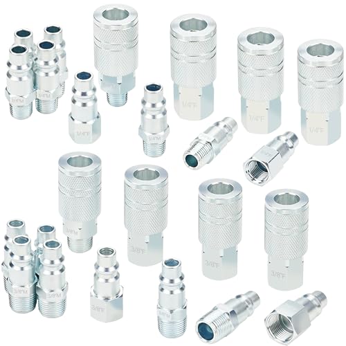 3/8 Inch Body Air Hose Quick Connect Fittings, 3/8" NPT Threads and 1/4" NPT Threads Couplers and Plugs, I/M Industrial Type 24PCS Air Compressor Accessories Kit