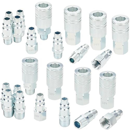 3/8 Inch Body Air Hose Quick Connect Fittings, 3/8" NPT Threads and 1/4" NPT Threads Couplers and Plugs, I/M Industrial Type 24PCS Air Compressor Accessories Kit