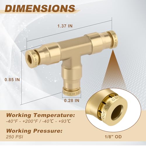 1/8" Brass Union Tee, DOT Approved 3-Way Air Line Connector 5PCS - size: 1/8" OD 5PCS, style: Tee