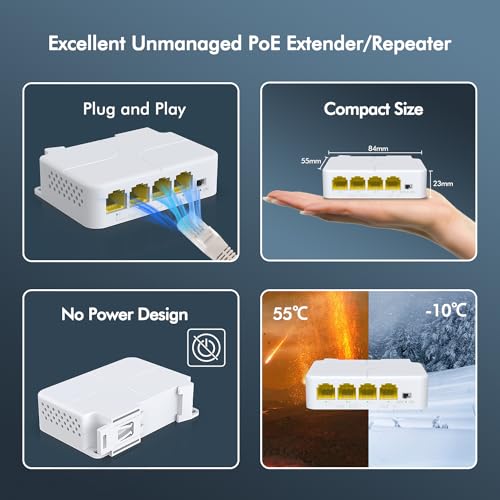 YuanLey 4 Port PoE Extender Gigabit with 3 PoE Out, IEEE 802.3af/at Mini 4 Channel Repeater 1000Mbps, VLAN, Wall and Din Rail Mount Passthrough POE Amplifier/Booster, Plug and Play - color: White