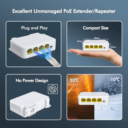 YuanLey 4 Port PoE Extender Gigabit with 3 PoE Out, IEEE 802.3af/at Mini 4 Channel Repeater 1000Mbps, VLAN, Wall and Din Rail Mount Passthrough POE Amplifier/Booster, Plug and Play - color: White