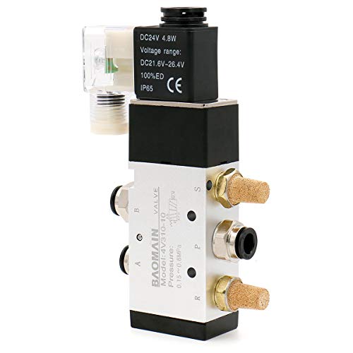 Baomain Pneumatic Solenoid Valve 4V310-10 DC 24V PT 3/8" 2 Position 5 Way Single Coil Pilot-Operated Electric Control with 3 Fitting and 2 muffler (DC 24V) - style: DC 24V