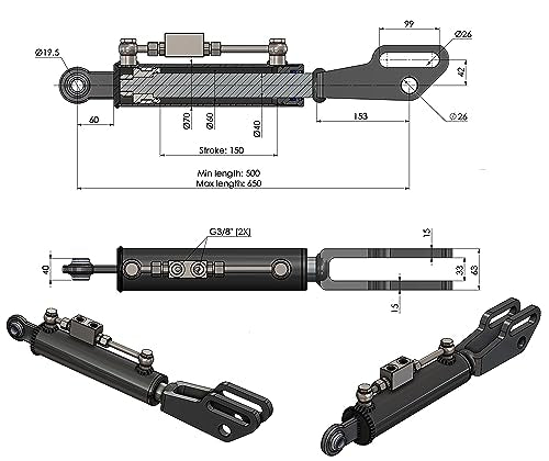 Spare Parts Holland - Hydraulic Side Link Cylinder - Min. 19-11/16" Max. 25-5/8" - size: Min-Max: 19-11/16" , 25-5/8"