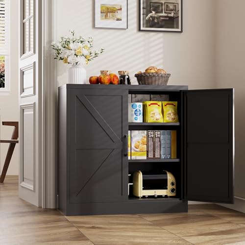 Black Storage Cabinet with Doors and Adjustable Shelves,36" Tall Farmhouse Food Pantry Cabinets,Small Sideboard Cabinet,Short Metal Storage Cabinets for Home Kitchen,Dining/Living/Laundry/Room - color: Black, size: 36"H