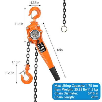 1.5T 3000LBS Manual Lever Chain Hoist - 20FT Lift Heavy Duty Chain Hoist with 2 Hooks, 360 Rotation Hook, Mechanical Efficiency, High-Quality G80 Lifting Chain - color: 1.5 Ton, size: 20 Ft Lift Lever Hoist
