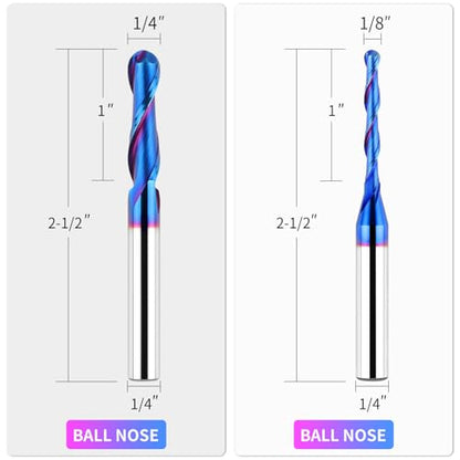 EANOSIC 1/4 Inch Shank Carbide Ball Nose End Mill Set (5 Pieces), CNC Router bits Milling Tools with Nano Blue Coating for Side Milling, End Milling, Finish Machining - size: 5 PCS Ball Nose Set