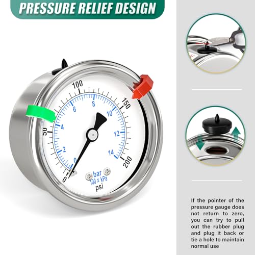 0-200Psi Stainless Steel Dry Low Pressure Gauge 1/4" NPT 2" Dual Scale Dial, Back Mount, Waterproof for Water Oil Air Well pump, compressors, Tire Gas Pressure Test (with Range Mark Pointer) - size: 0-200Psi, style: Back Mount(1/4"NPT)