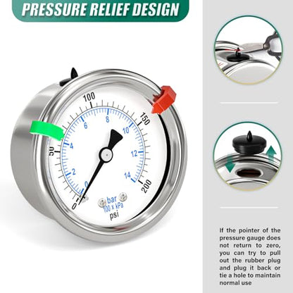 0-200Psi Stainless Steel Dry Low Pressure Gauge 1/4" NPT 2" Dual Scale Dial, Back Mount, Waterproof for Water Oil Air Well pump, compressors, Tire Gas Pressure Test (with Range Mark Pointer) - size: 0-200Psi, style: Back Mount(1/4"NPT)