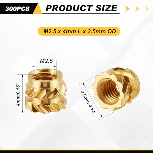 Yaocom 300 Pcs M2.5 Threaded Inserts M2.5 x D3.5 x L4 Heat Set Inserts Brass 3D Printing Knurled Metric Nuts for Plastic, 3D Printing Components - size: M2.5 x D3.5 x L4